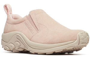 Slip-on shoe in blush pink suede with a pull tab at the heel, visible "MERRELL" text on the side, and chunky sole.