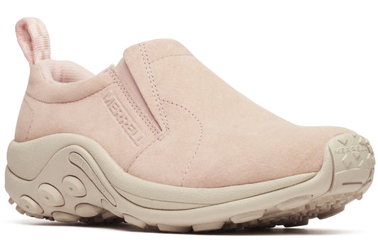 Slip-on shoe in blush pink suede with a pull tab at the heel, visible "MERRELL" text on the side, and chunky sole.