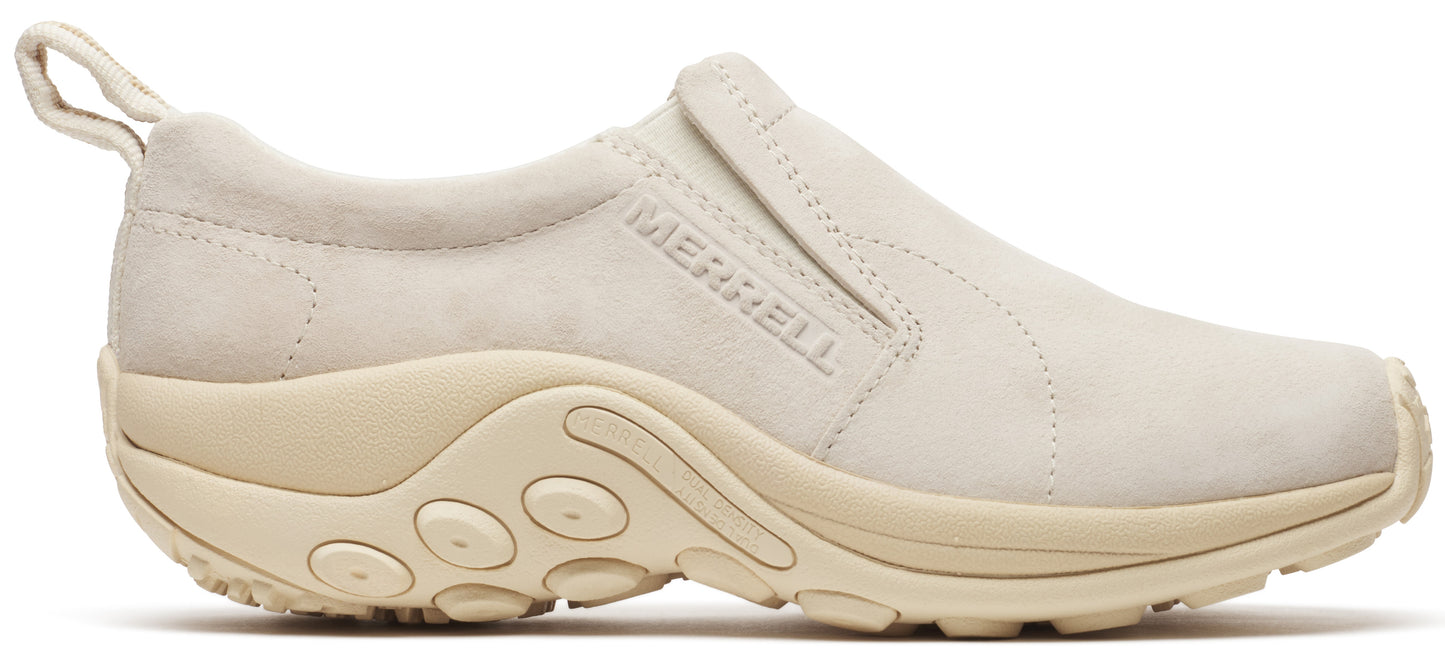 A light beige slip-on shoe with a pull tab on the heel and the word "MERRELL" embossed on the side.