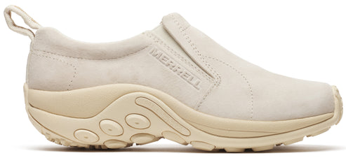 A light beige slip-on shoe with a pull tab on the heel and the word "MERRELL" embossed on the side.