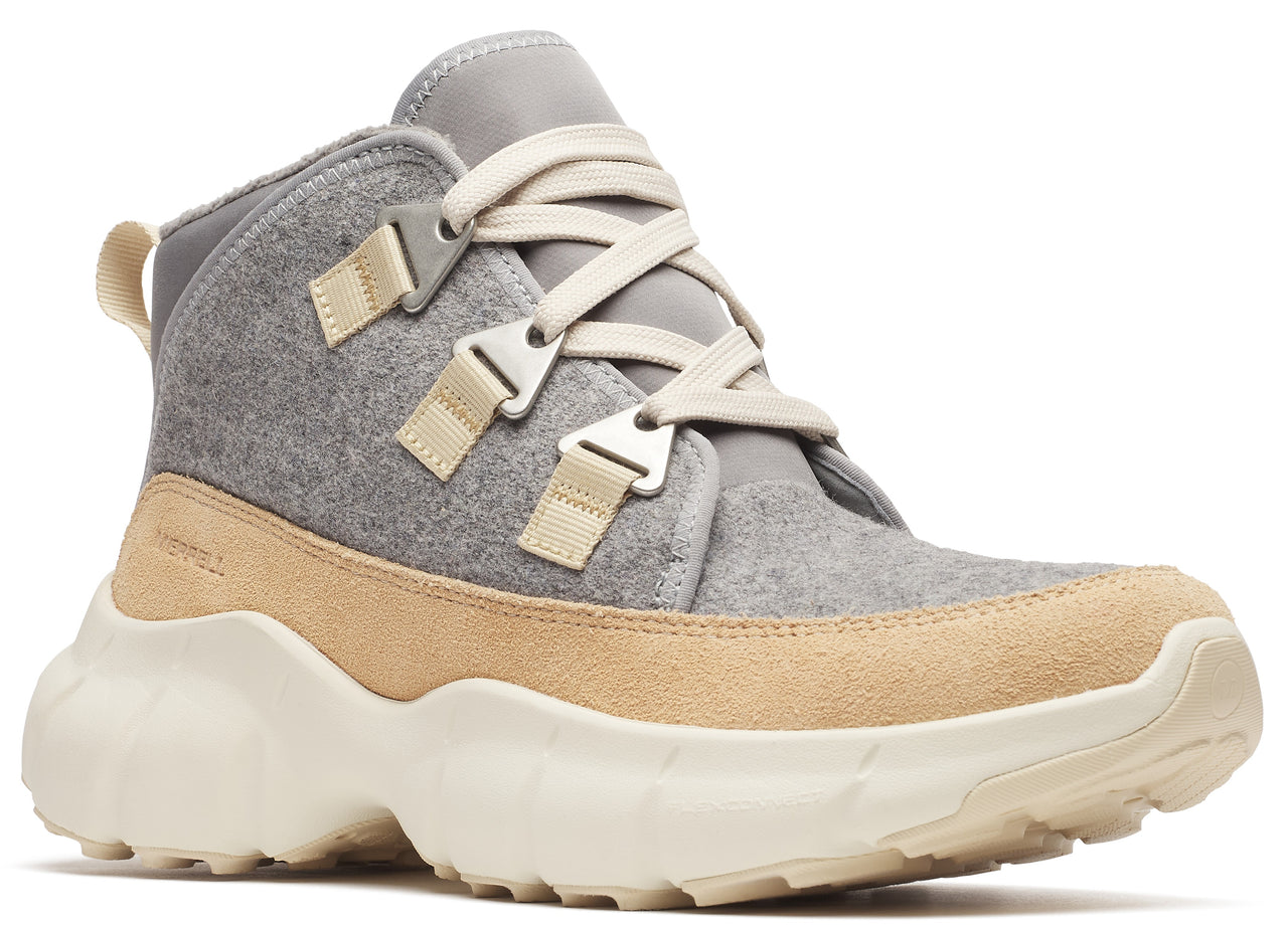 High top grey and tan sneaker with off-white laces and thick sole.
