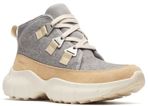 High top grey and tan sneaker with off-white laces and thick sole.