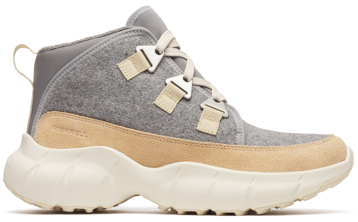 A gray wool bootie with a tan suede wrap and a light cream, rounded sole and matching laces.