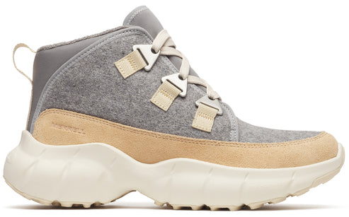 A gray wool bootie with a tan suede wrap and a light cream, rounded sole and matching laces.