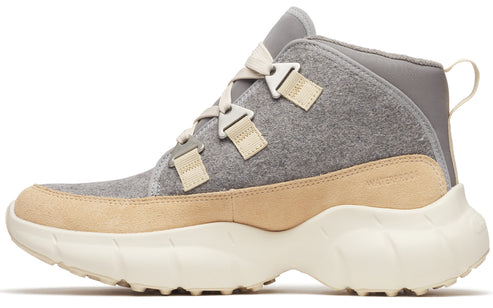 High-top sneaker with gray felt upper, tan suede overlay, off-white laces and sole.