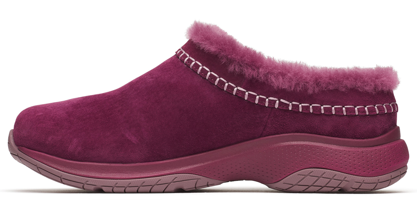 A burgundy suede slip-on shoe with pink faux fur trim and pink stitching.