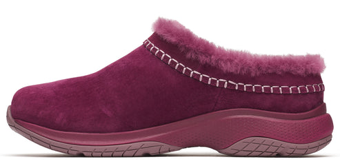 A burgundy suede slip-on shoe with pink faux fur trim and pink stitching.