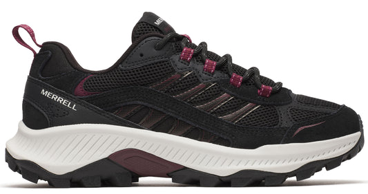 Black hiking shoe with white midsole and purple accents. "MERRELL" is visible on the side.