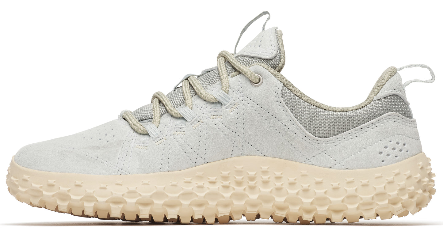 Light grey sneaker with textured sole, lace-up closure, and heel tab.