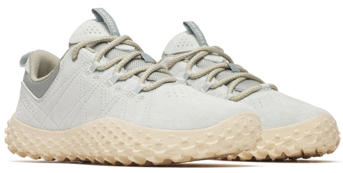 Two athletic shoes are shown at a slight angle. The shoes have a tan patterned sole, light gray upper with laces, and a light gray heel.