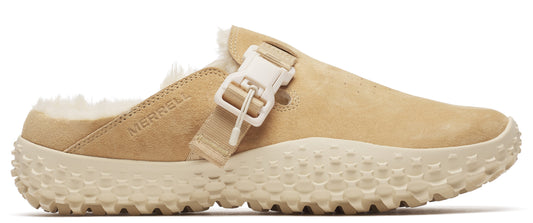 Tan suede-like clog shoe with white faux fur interior and a white buckle strap.