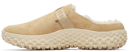 tan slip-on shoe with a chunky sole and a strap across the top