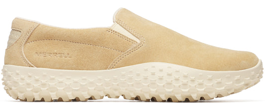 A tan-colored slip-on shoe with a textured sole.