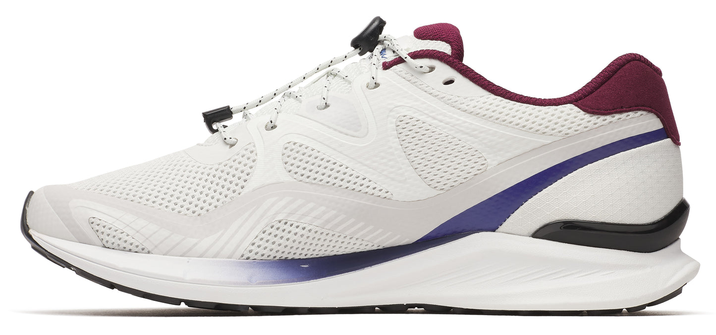 A running shoe in white with purple and black accents.