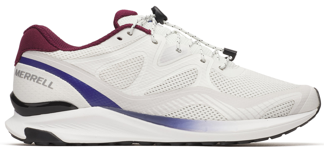 A white sneaker with mesh, bungee laces, a dark purple collar and a dark purple stripe with a silver "MERRELL" on it.