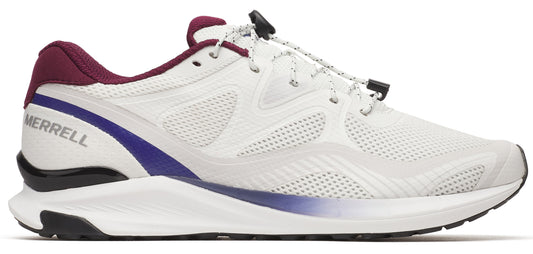 A white sneaker with mesh, bungee laces, a dark purple collar and a dark purple stripe with a silver "MERRELL" on it.