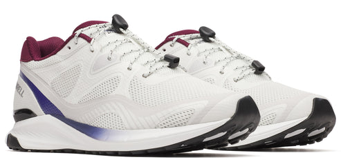 White and purple athletic shoes with speed laces.
