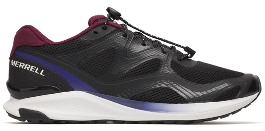A black athletic shoe with purple and maroon accents.