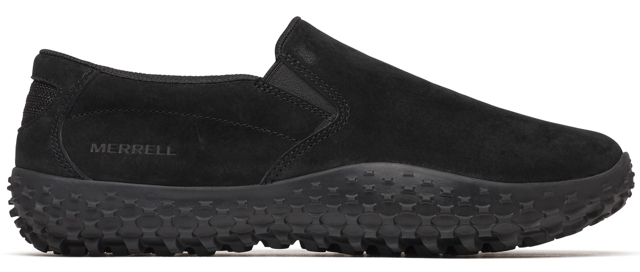 A black slip-on shoe with a thick, lugged sole and MERRELL branding.