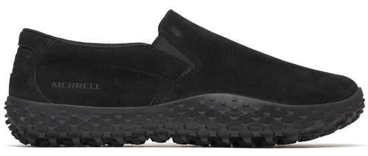 A black slip-on shoe with a thick, lugged sole and MERRELL branding.