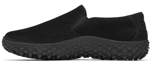 A black slip-on shoe with a thick, heavily textured sole.