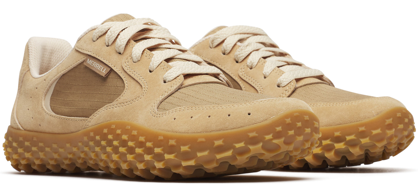 Tan suede sneakers with gum soles and laces.