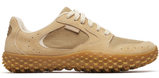A tan sneaker with light beige laces and a tan, textured sole.