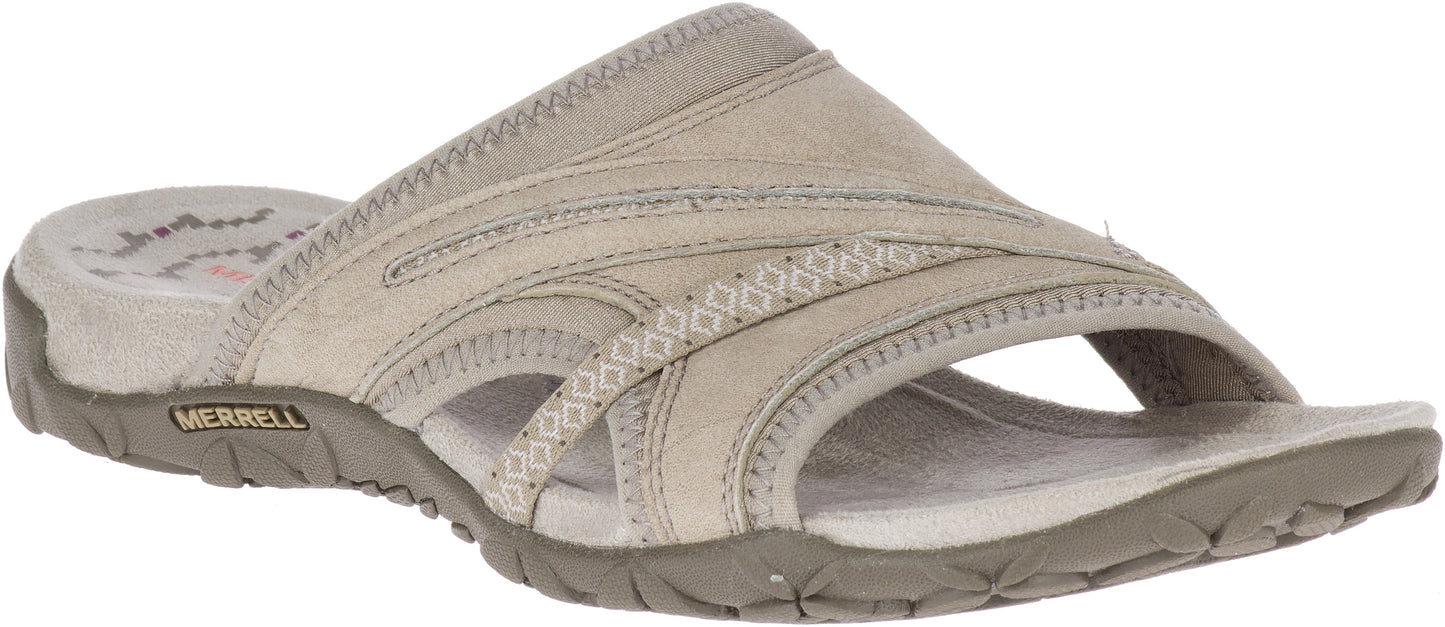 A slip-on sandal with a criss-cross upper.