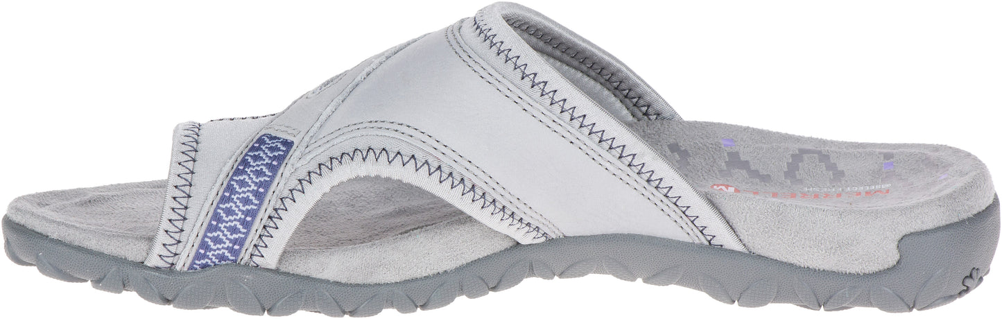 A slide sandal with a criss-cross strap design and a grey sole.