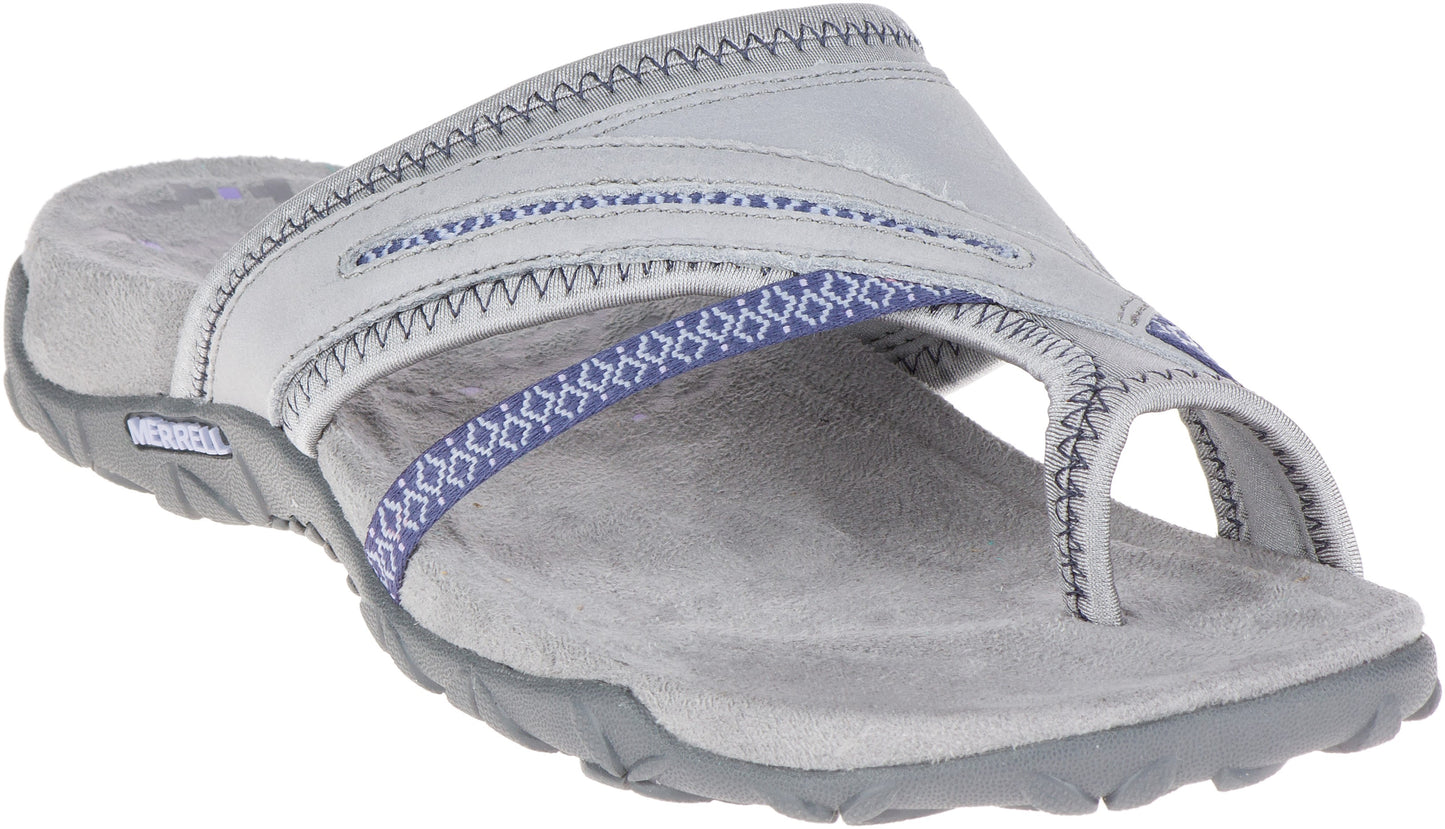 Grey toe-ring style sandal with blue accents.