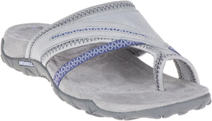 Grey toe-ring style sandal with blue accents.