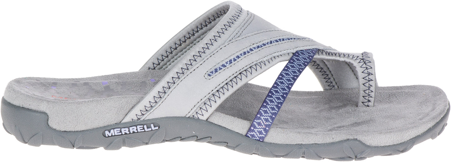 A gray sandal with a patterned blue strap.