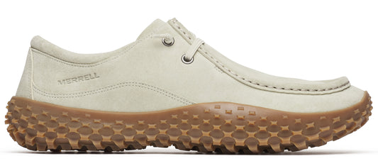 A slip-on off-white shoe with a brown honeycomb sole.