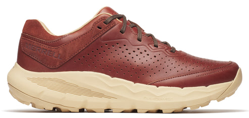Burgundy leather sneaker with perforated upper and cream-colored sole.