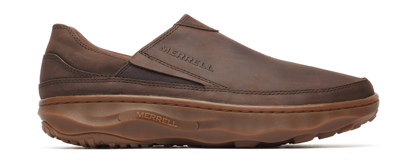 A brown slip-on shoe with visible logo "MERRELL".