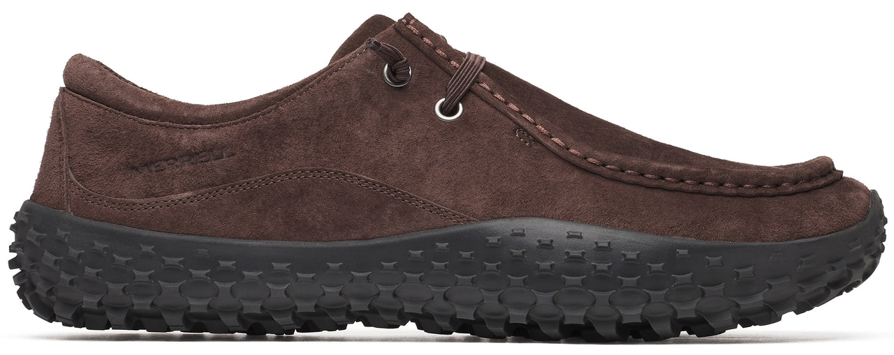 A brown suede shoe with a black, nubbed sole.