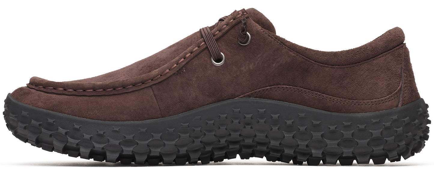 A brown casual shoe with a thick black lug sole.
