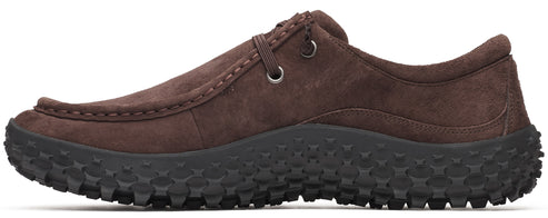 A brown casual shoe with a thick black lug sole.
