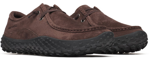 A pair of brown suede slip-on shoes with black soles.