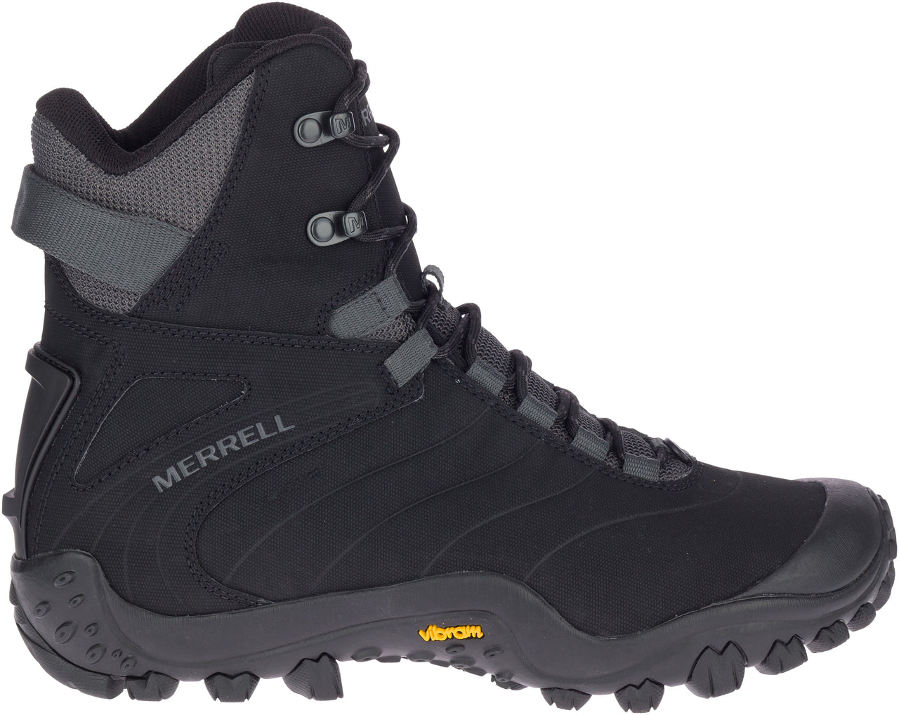 Black high-top boot with gray accents and "MERRELL" printed on the side.