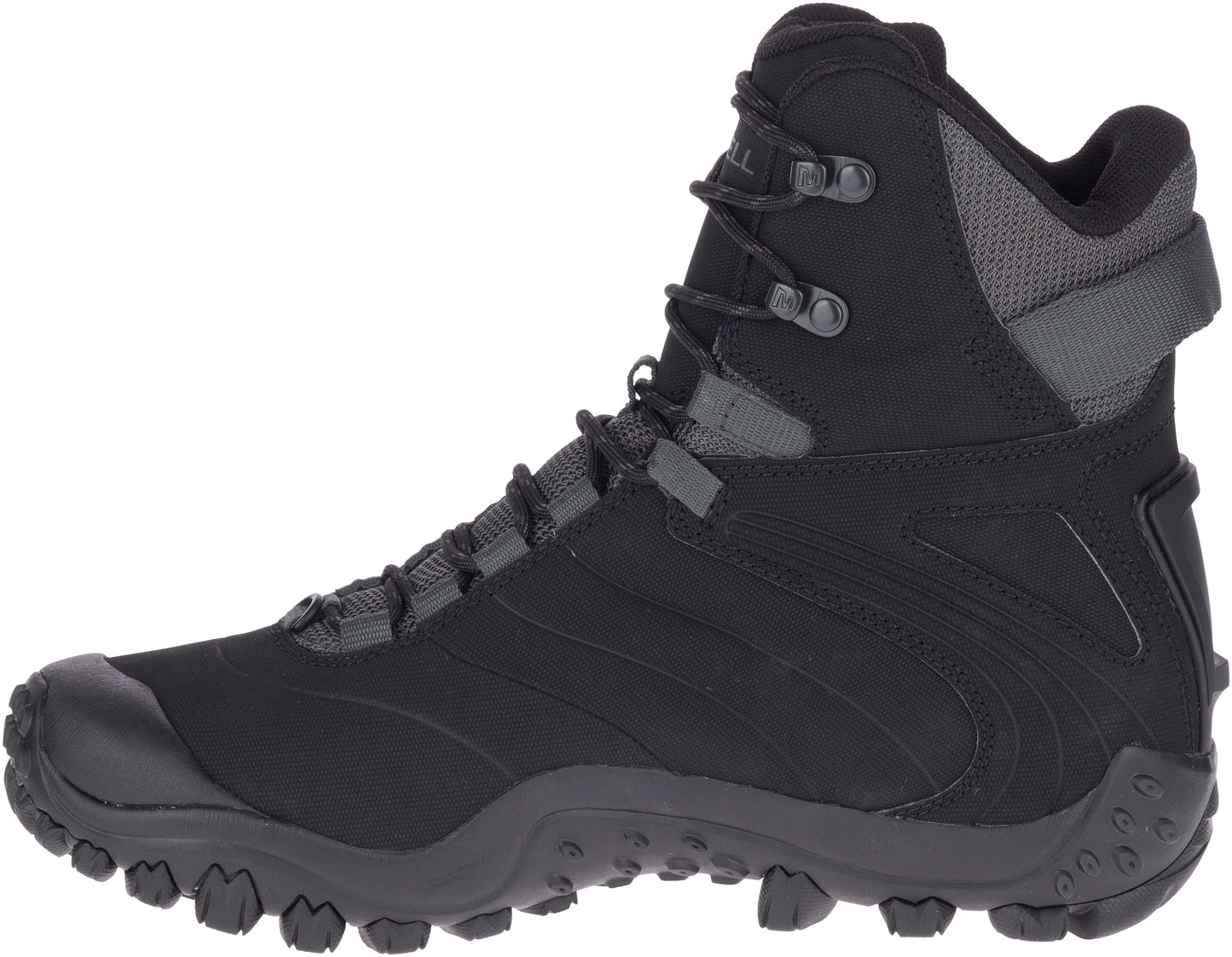 Black high-top boot with a lugged sole, lace-up closure, and padded gray collar.