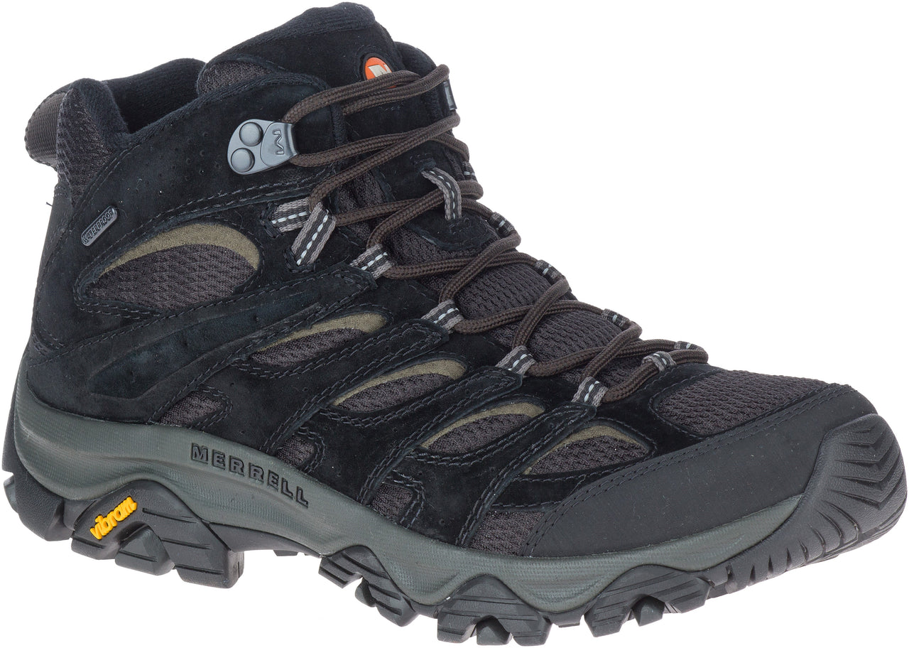 Black hiking boot, mid-ankle height, with dark laces, mesh and suede material, and lugged sole.