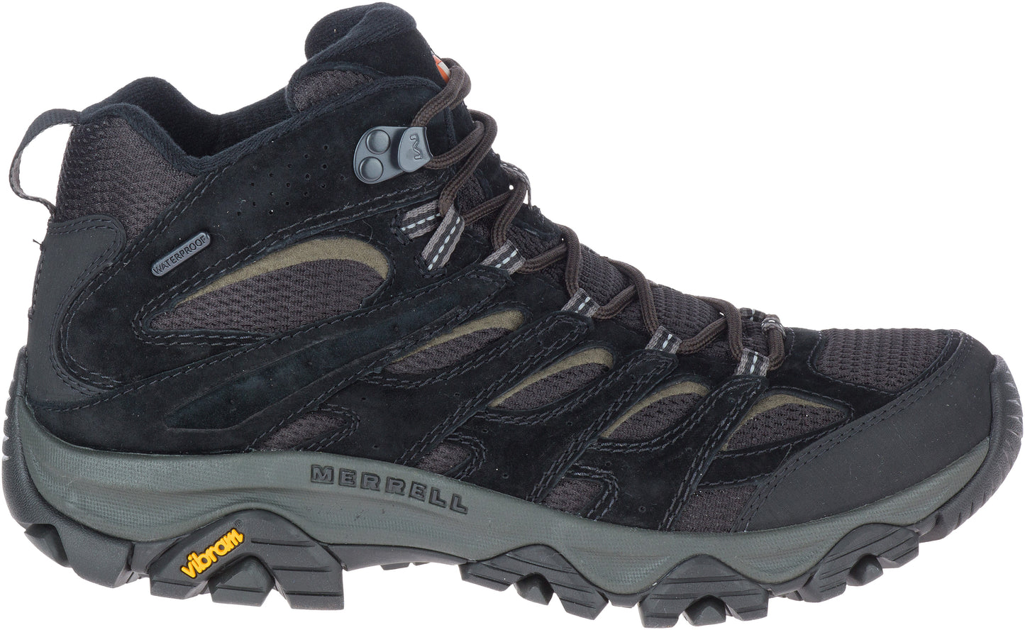 Black hiking boot with a high ankle, dark grey sole and grey and black laces.
