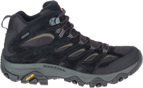 Black hiking boot with a high ankle, dark grey sole and grey and black laces.