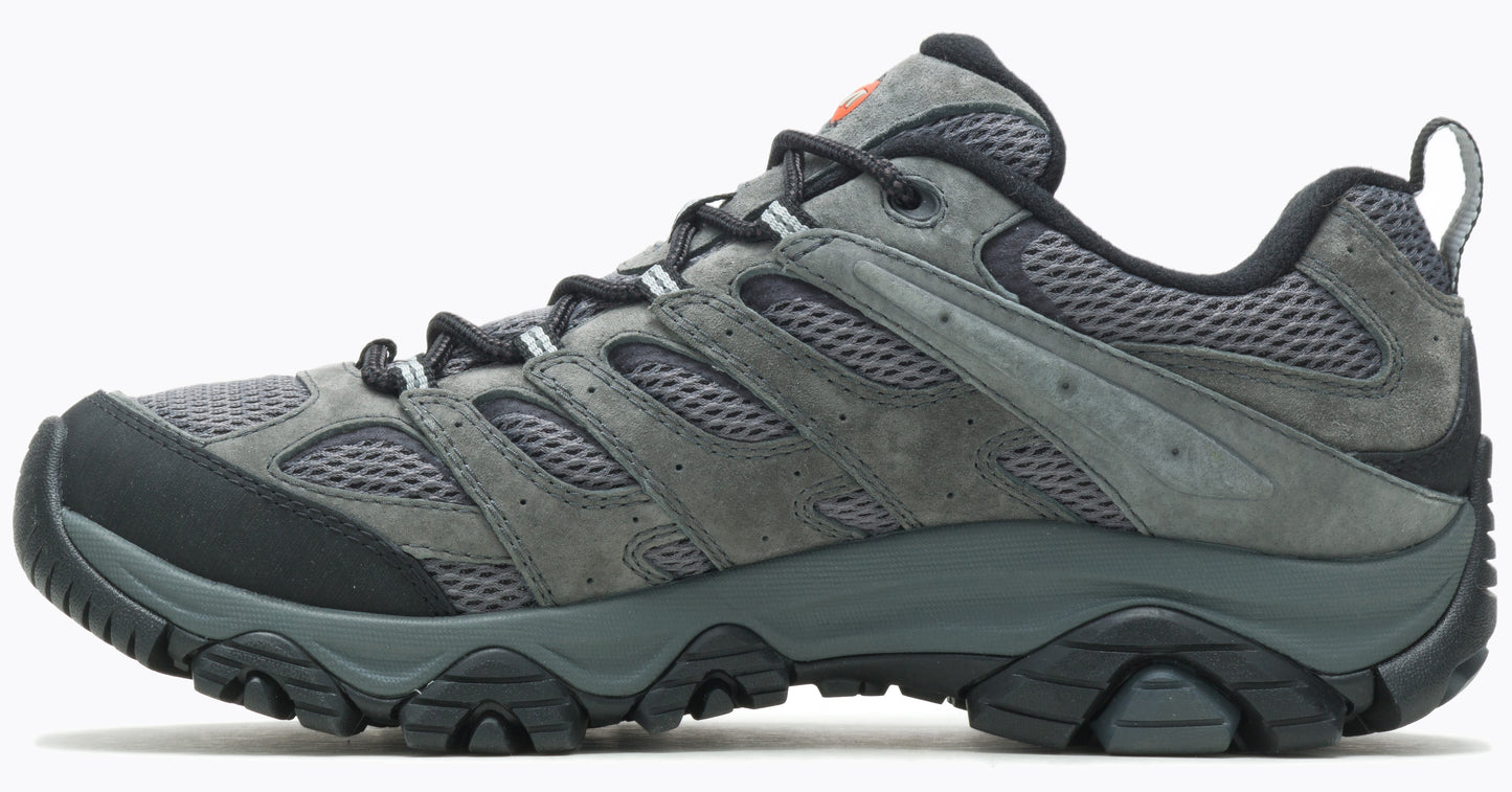Gray hiking shoe with black sole, laces, and accents; mesh and suede upper.