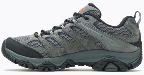 Gray hiking shoe with black sole, laces, and accents; mesh and suede upper.