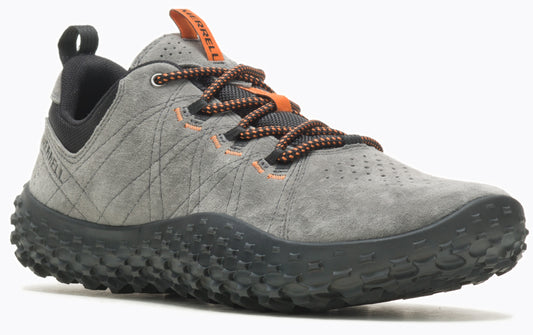 A gray suede shoe with black sole and patterned laces.