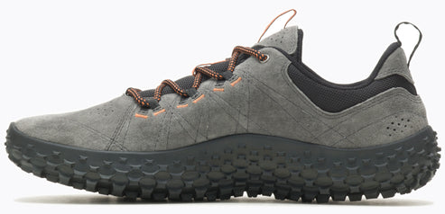 A grey athletic shoe with a patterned sole and orange laces.