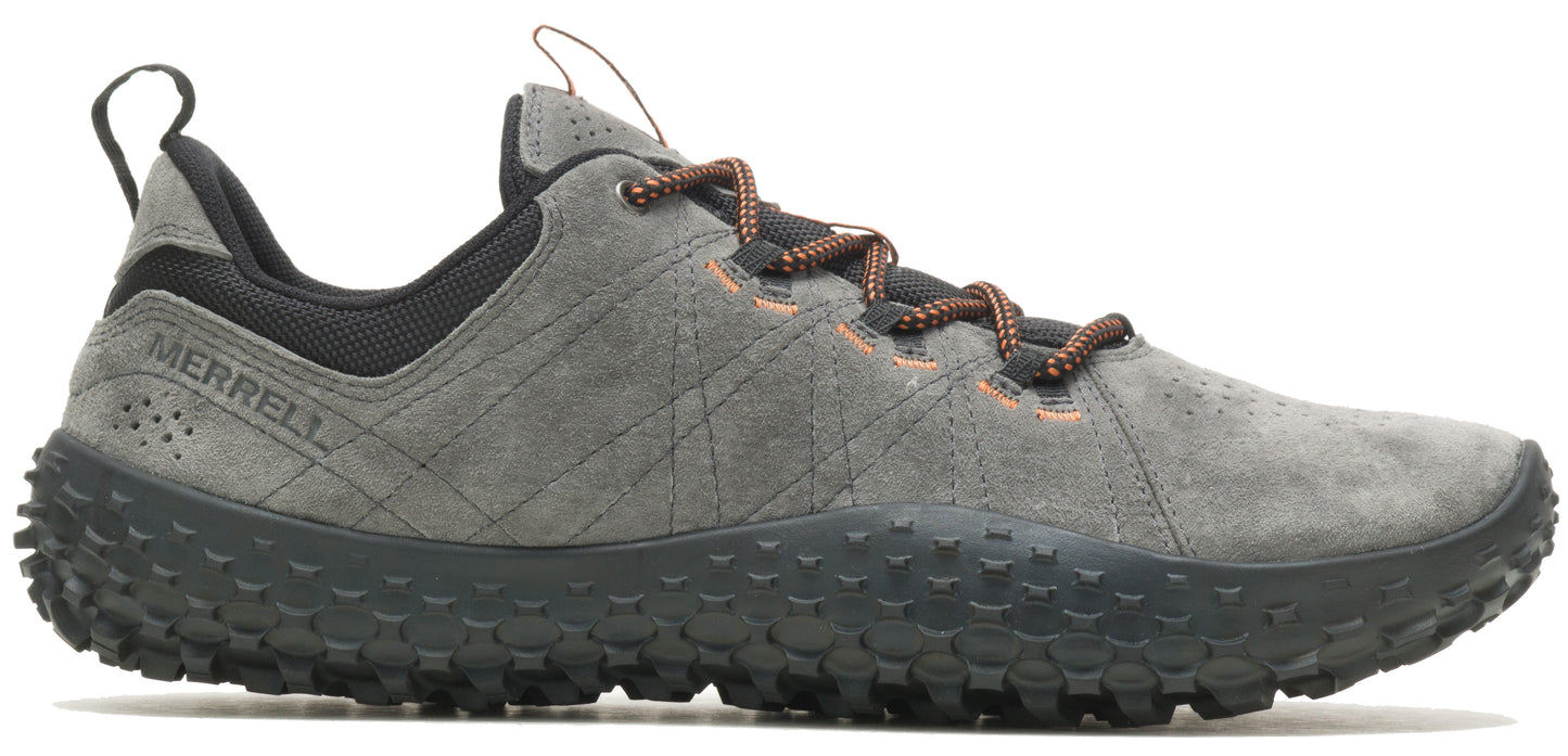 A gray shoe with a black sole and brown shoelaces.