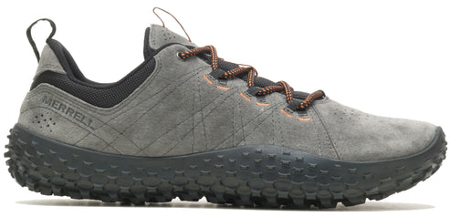 A gray shoe with a black sole and brown shoelaces.